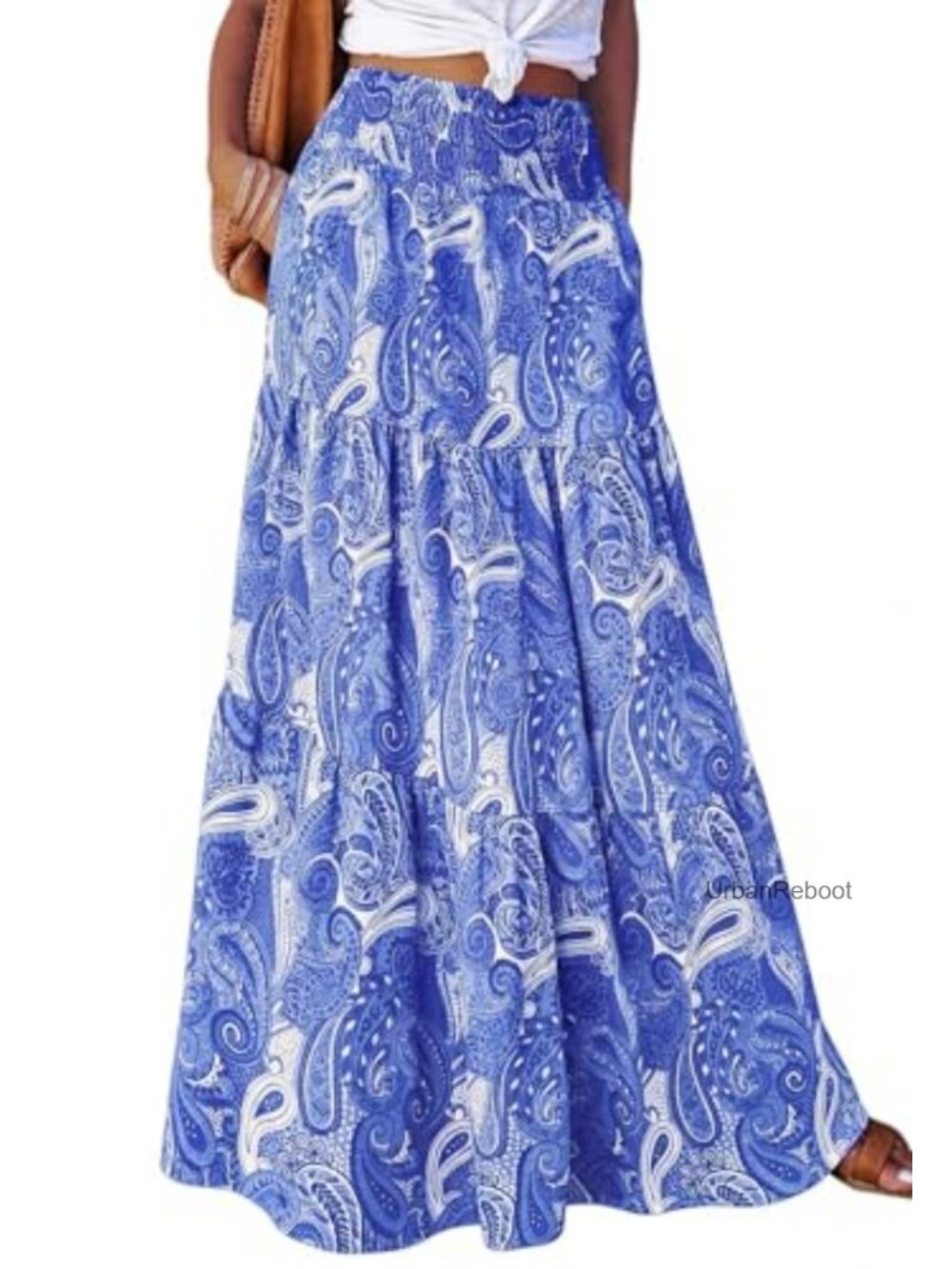 Boho Floral Maxi Skirt High Waisted Flowy Tiered Pleated with Pockets